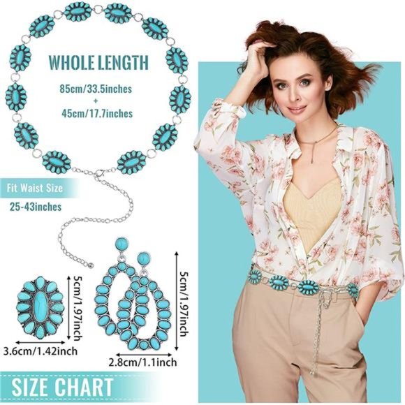 Turquoise Concho Chain Belt Metal Western Waist 1.2 x 2 Inch Drop Post Earrings main image 4